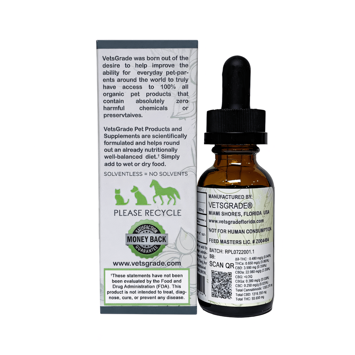 VetsGrade Relief+ Solventless Tincture 1oz. pet supplement bottle with dropper back label.