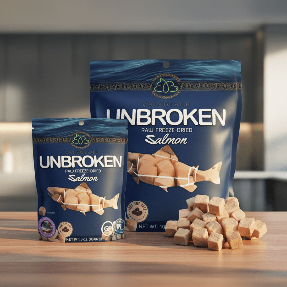VetsGrade Unbroken raw freeze-dried salmon side-by-side 3oz and 10oz salmon pieces and freeze-dried .