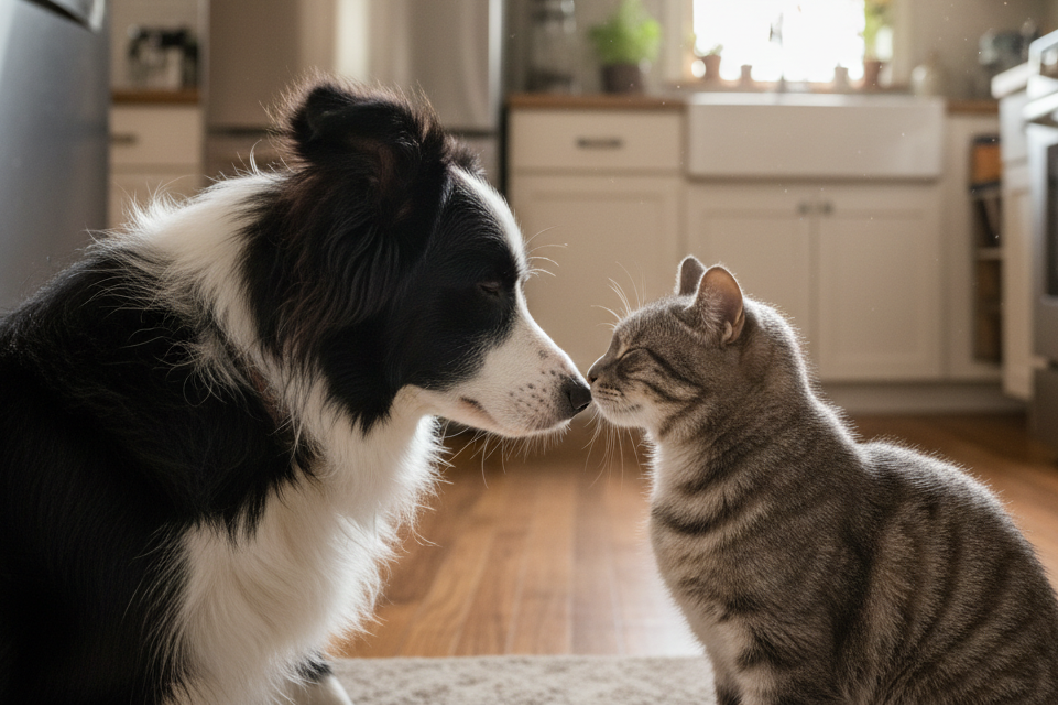 Friendly Dog and cat sniffing each other in a VetsGrade kitchen.