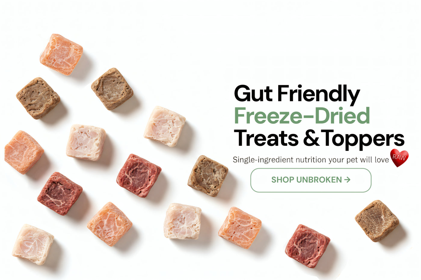 VetsGrade single ingredient raw freeze-dried treats and toppers. Beef hearts, salmon, and chicken.