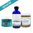 vetsgrade senior pack bundle with delta rx topical balm, vitality vm omega oil, and vigor hip and joint powder for senior dogs