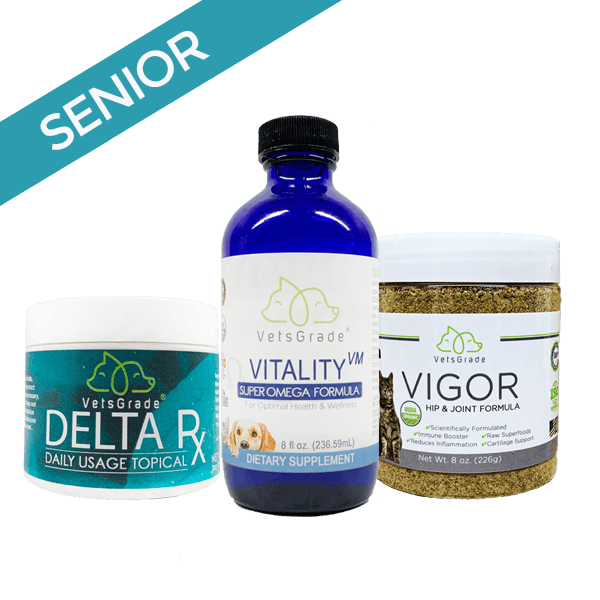 vetsgrade senior pack bundle with delta rx topical balm, vitality vm omega oil, and vigor hip and joint powder for senior dogs