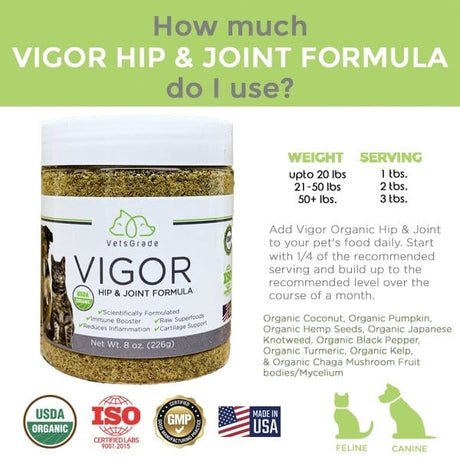 vetsgrade vigor dosage chart – organic hip & joint powder for dogs and cats with serving guidelines by weight