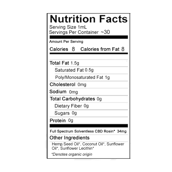 vetsgrade relief plus tincture nutrition facts label showing serving size, calories, fat content, and solventless cbd rosin ingredients