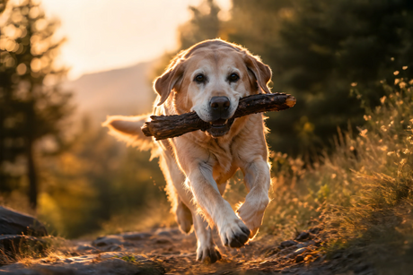 Senior Golden Retriever running on mountain trail at golden hour carrying a stick, full mobility restored