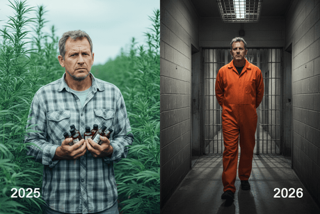 Hemp farmer with CBD products 2025 vs criminalized in prison 2026 after hemp ban takes effect