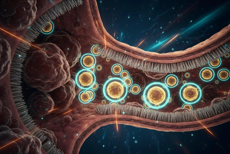 3D scientific visualization of chylomicron lipoprotein vesicles traveling through intestinal lymphatic lacteals bypassing portal vein for CBD bioavailability in dogs