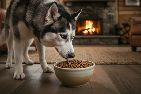 A Siberian Husky eating dry kibble from a white ceramic bowl in a warm wood-paneled cabin interior with a stone fireplace burning in the background