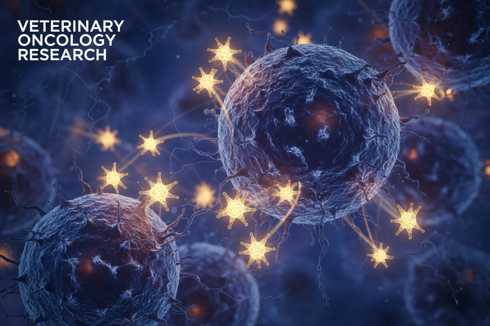 scientific visualization of cancer cells with CBD molecules interacting at cellular level - glowing cannabinoid structures in deep blues and purples VetsGrade