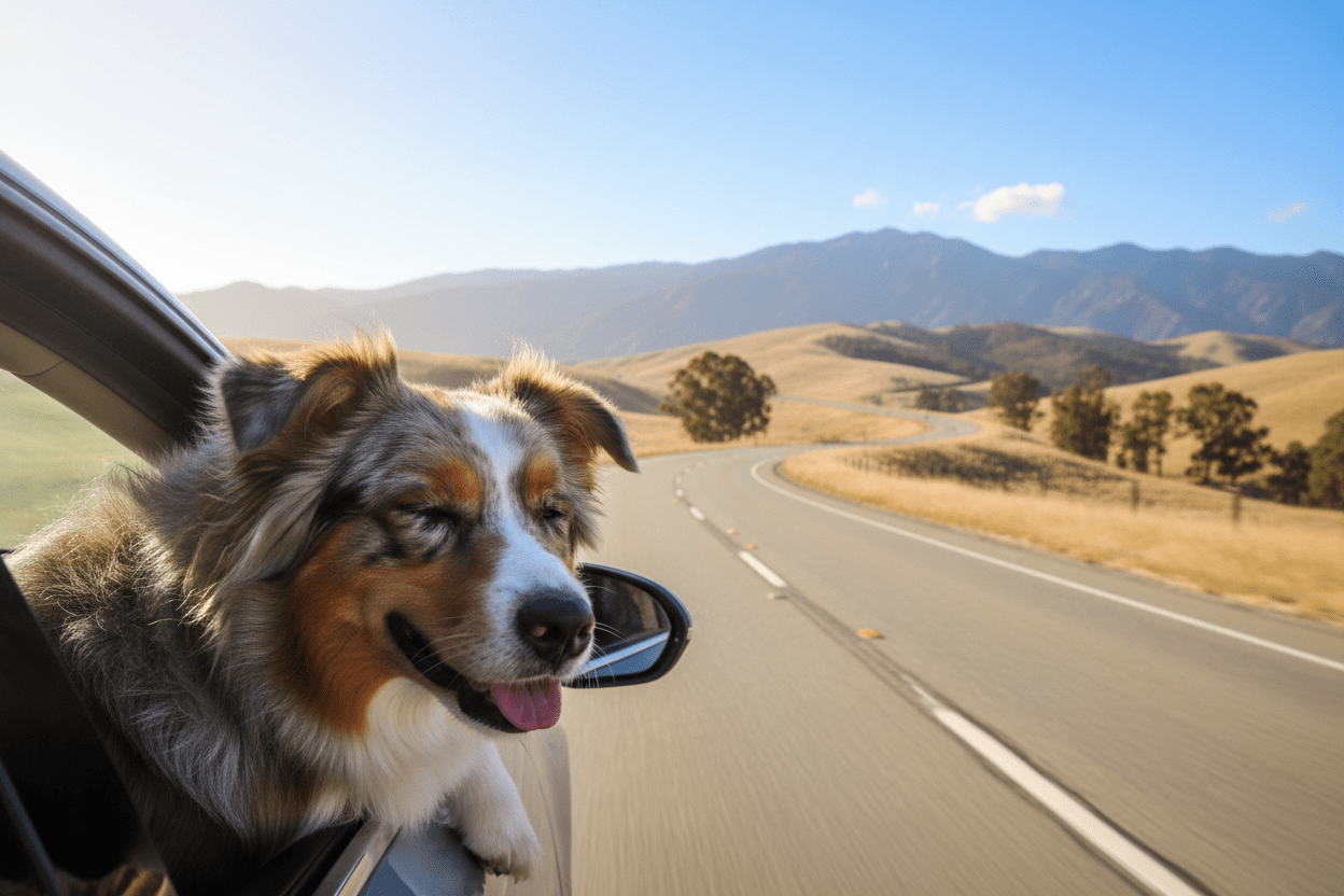Happy dog traveling in car with CBD - VetsGrade natural travel anxiety relief