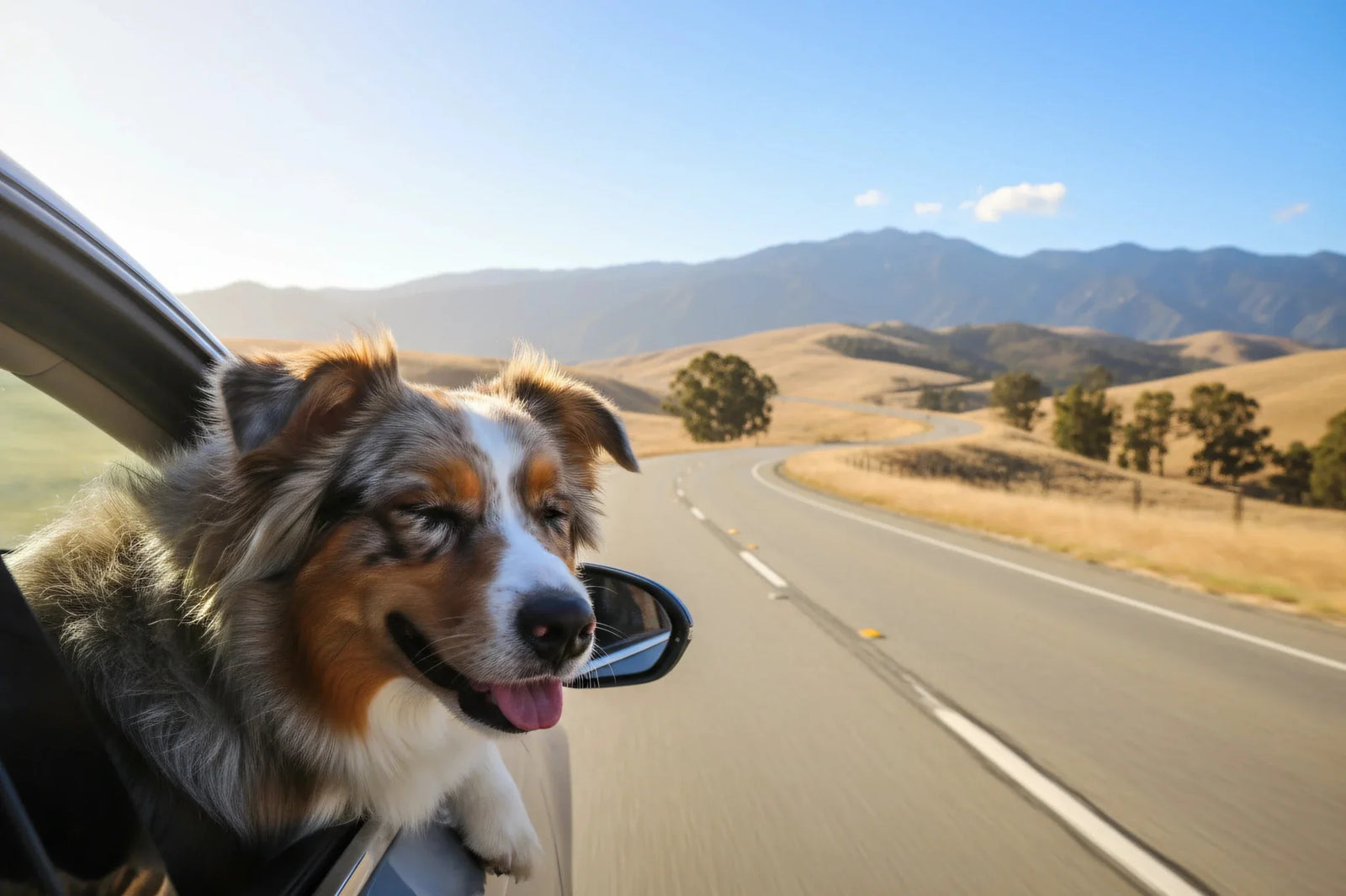 Happy dog traveling in car with CBD - VetsGrade natural travel anxiety relief