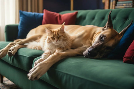 Large dog and cat resting together on a tufted green sofa in a warm living room, illustrating companion animal sleep and relaxation