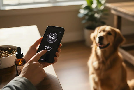 Pet parent holding smartphone displaying 190mg CBD dosing calculator with happy Golden Retriever sitting in background showing canine cannabinoid dosing interval planning