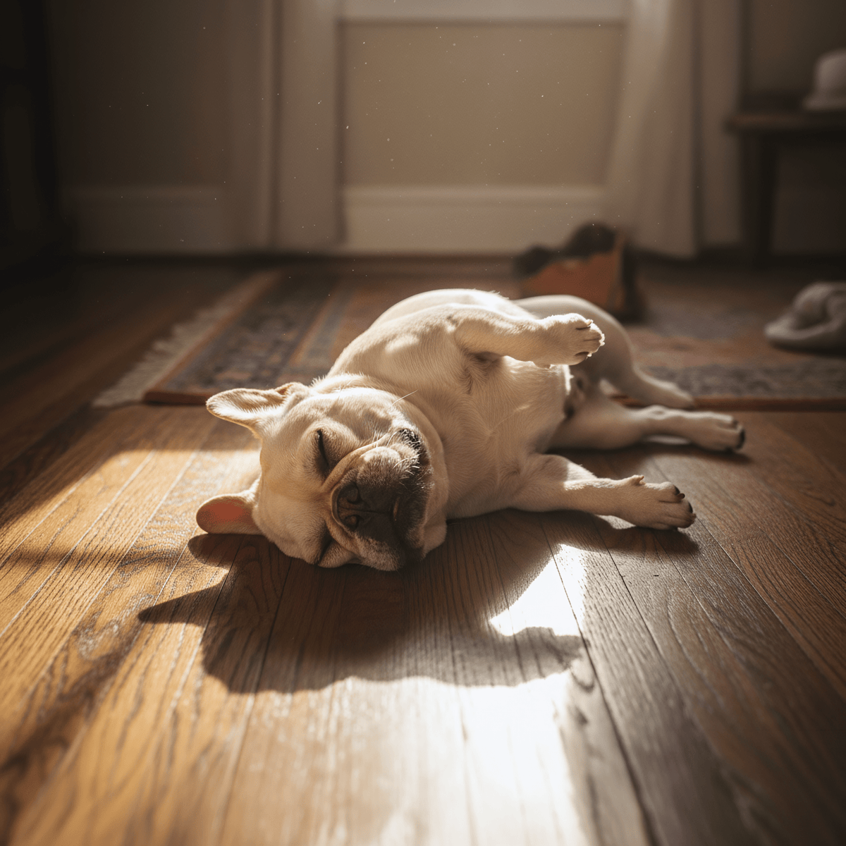 Cream French Bulldog sleeping deeply on sunlit hardwood floor