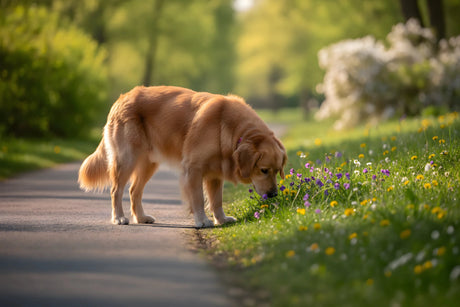 Golden Retriever dog sniffing purple and yellow wildflowers along sunlit walking path in spring illustrating environmental allergen exposure
