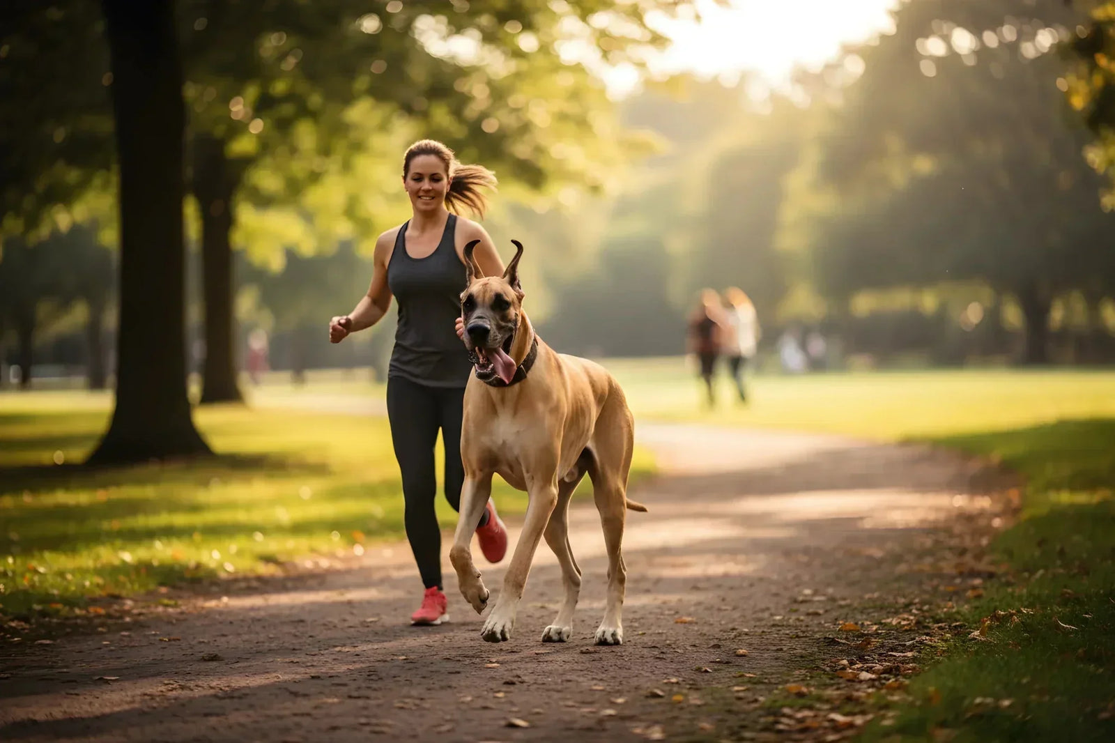 Owner jogging alongside healthy fawn Great Dane dog off-leash with restored mobility and quality of life outcomes from VetsGrade's cannabinoid pharmaceutical-sparing protocol