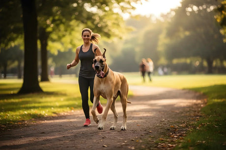 Owner jogging alongside healthy fawn Great Dane dog off-leash with restored mobility and quality of life outcomes from VetsGrade's cannabinoid pharmaceutical-sparing protocol
