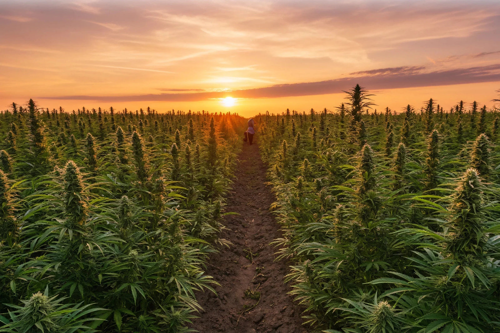 Lush green agricultural field at golden hour with a person and dog walking together in the distance between crop rows, warm amber sunlight casting long shadows — VetsGrade blog on DEA Schedule III cannabis rescheduling and hemp CBD pet products 2026