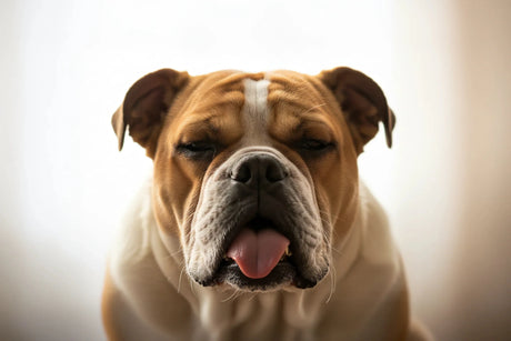 English Bulldog with relaxed expression and tongue out against soft white background — VetsGrade CBD safety research for dogs