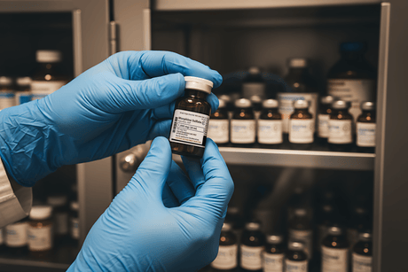 Gloved veterinary pharmacist hands holding morphine sulfate injectable solution 1000mg per 20mL vial in front of controlled substance cabinet establishing opioid analgesia baseline for cannabidiol allosteric modulation and opioid-sparing effect research.