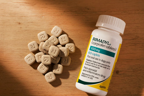 Rimadyl carprofen 100mg tablets spilled from prescription bottle — FDA-approved veterinary NSAID linked to gastrointestinal ulceration and acute kidney injury in dogs