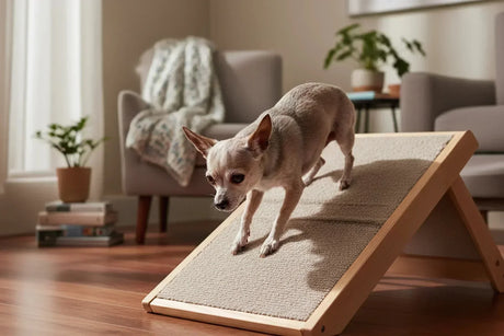 Senior Chihuahua dog carefully descending carpeted wooden pet ramp.