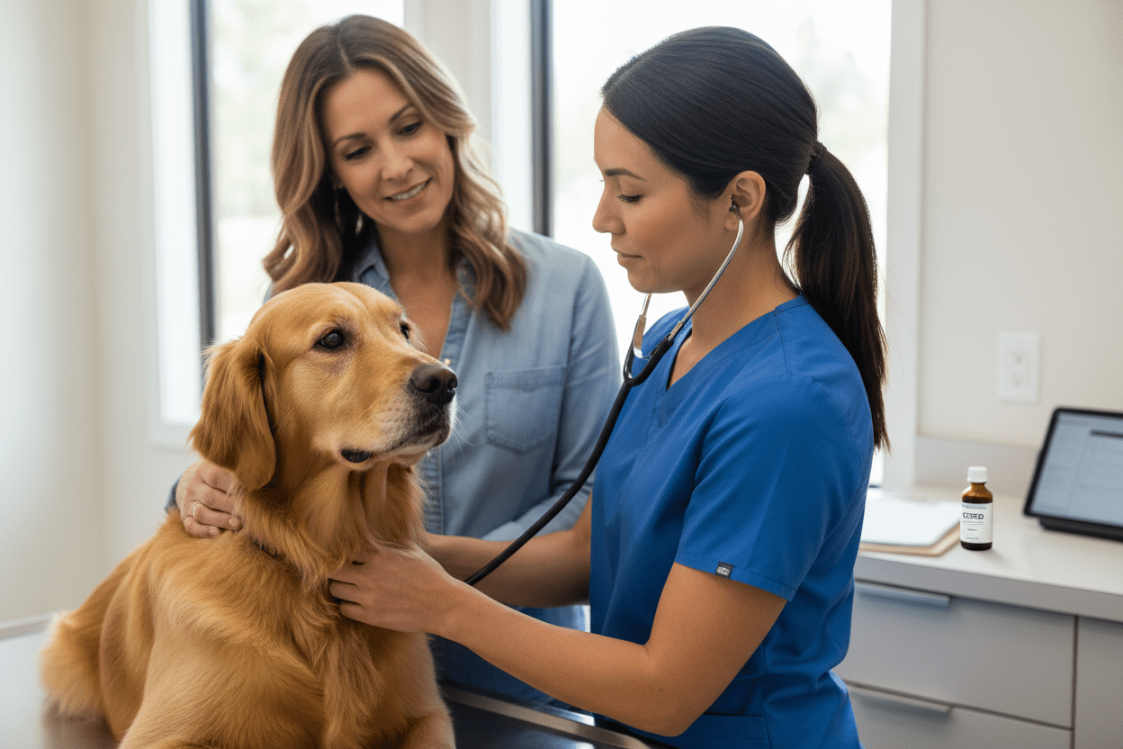 Veterinarian examining dog autoimmune disease CBD treatment hope healing