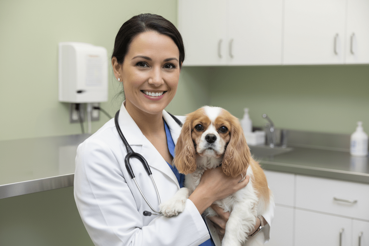 Veterinarian holding small dog vet-recommended CBD professional trust expertise