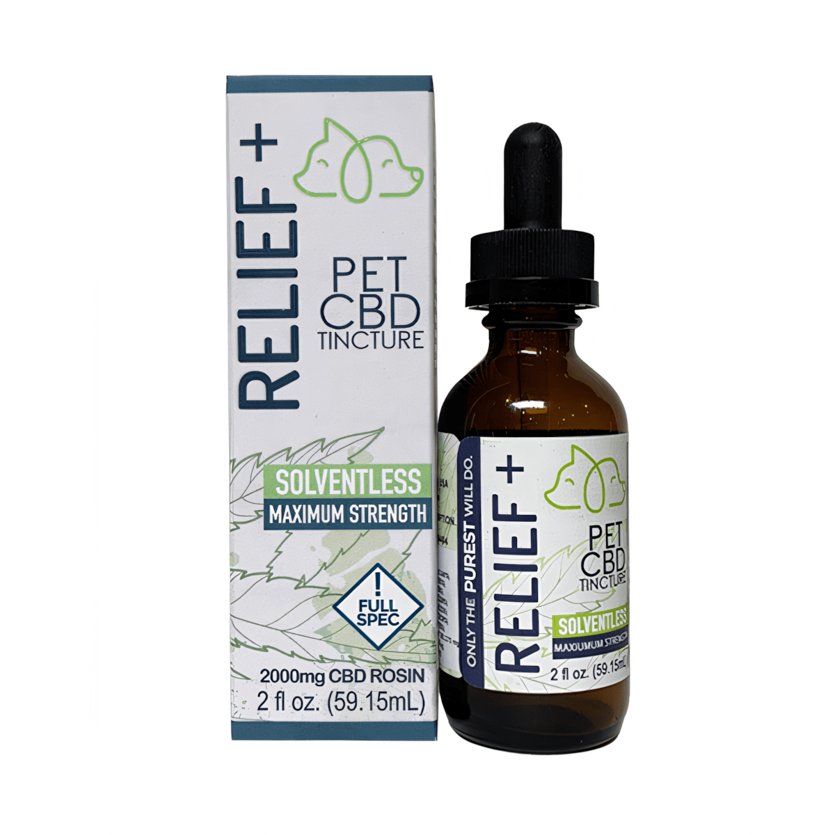 Vetsgrade Relief + Solventless Tincture 2oz. hemp tincture front bottle for dogs and cats formulated to support inflammation and pain relief.
