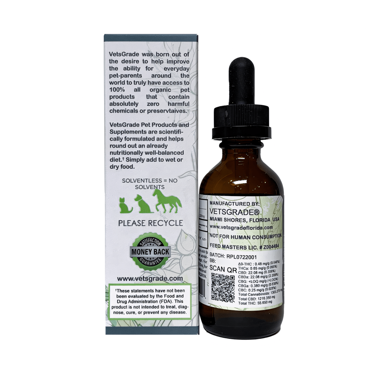 Vetsgrade Relief + Solventless Tincture 2oz. hemp tincture back label for dogs and cats formulated to support anxiety and pain relief.