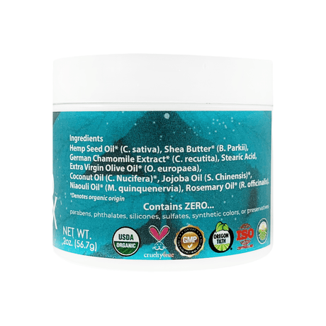 VetsGrade Delta RX daily usage topical balm back label showing full ingredient list and clean certification icons.