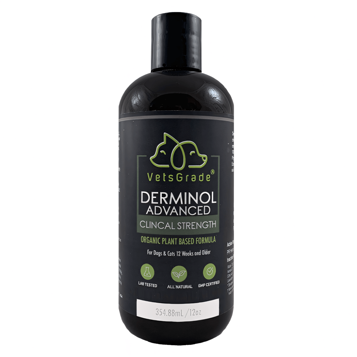 VetsGrade Derminol Advanced pet shampoo for dogs and cats 12 weeks and older. Organic antifungal plant-based cleanser in a convenient 12oz bottle.
