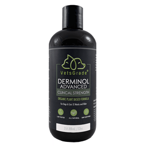VetsGrade Derminol Advanced pet shampoo for dogs and cats 12 weeks and older. Organic antifungal plant-based cleanser in a convenient 12oz bottle.