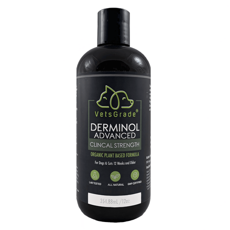 VetsGrade Derminol Advanced pet shampoo for dogs and cats 12 weeks and older. Organic antifungal plant-based cleanser in a convenient 12oz bottle.