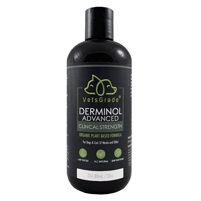 VetsGrade Derminol Advanced pet shampoo for dogs and cats 12 weeks and older. Organic antifungal plant-based cleanser in a convenient 12oz bottle.