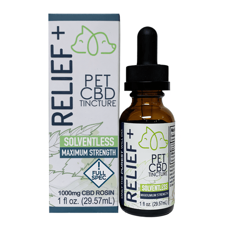 Vetsgrade Relief + Solventless Tincture 1oz. hemp tincture front bottle for dogs and cats formulated to support inflammation and pain relief.