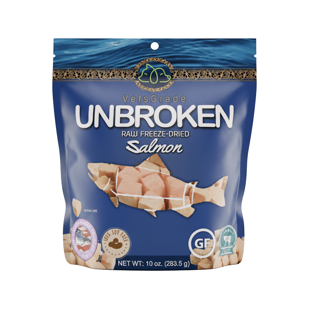 VetsGrade Unbroken Raw Freeze-Dried Wild-Caught Salmon 10oz treats and toppers. Great for picky eaters, sensitivity issues, plus gut and biome friend as a single ingredient.