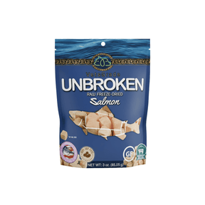 VetsGrade Unbroken Raw Freeze-Dried Wild-Caught Salmon 3oz treats and toppers. Nutrient dense,  single ingredient, high protein. Great for sensitivity issues and chicken and beef elimination diets.