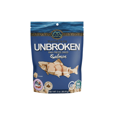 VetsGrade Unbroken Raw Freeze-Dried Wild-Caught Salmon 3oz treats and toppers. Nutrient dense,  single ingredient, high protein. Great for sensitivity issues and chicken and beef elimination diets.