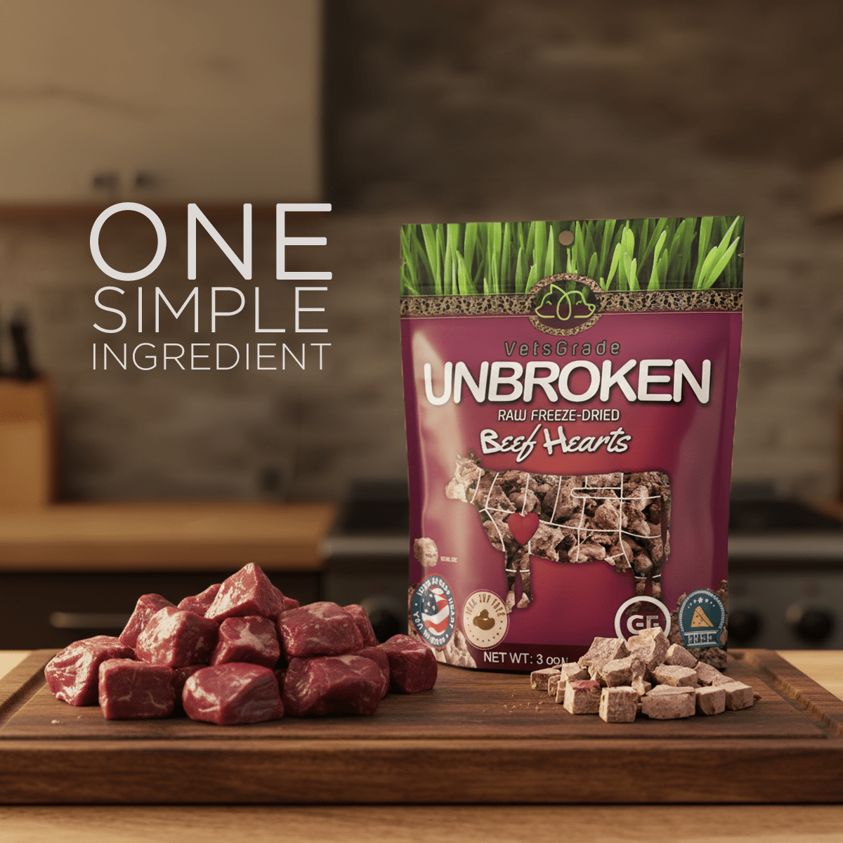 VetsGrade Unbroken Raw Freeze-Dried Beef Hearts side-by-side raw organ meat vs freeze-dried organ meat. Real value with real nutrition. Treats or toppers great for sensitive stomachs. Biome friendly.