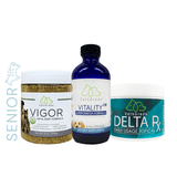VetsGrade Senior Animal Pack Bundle gives you 3 powerhouse products: Vigor Hip & Joint, Vitality VM Super Omega-3, and Delta RX Daily Topical Bamlm.