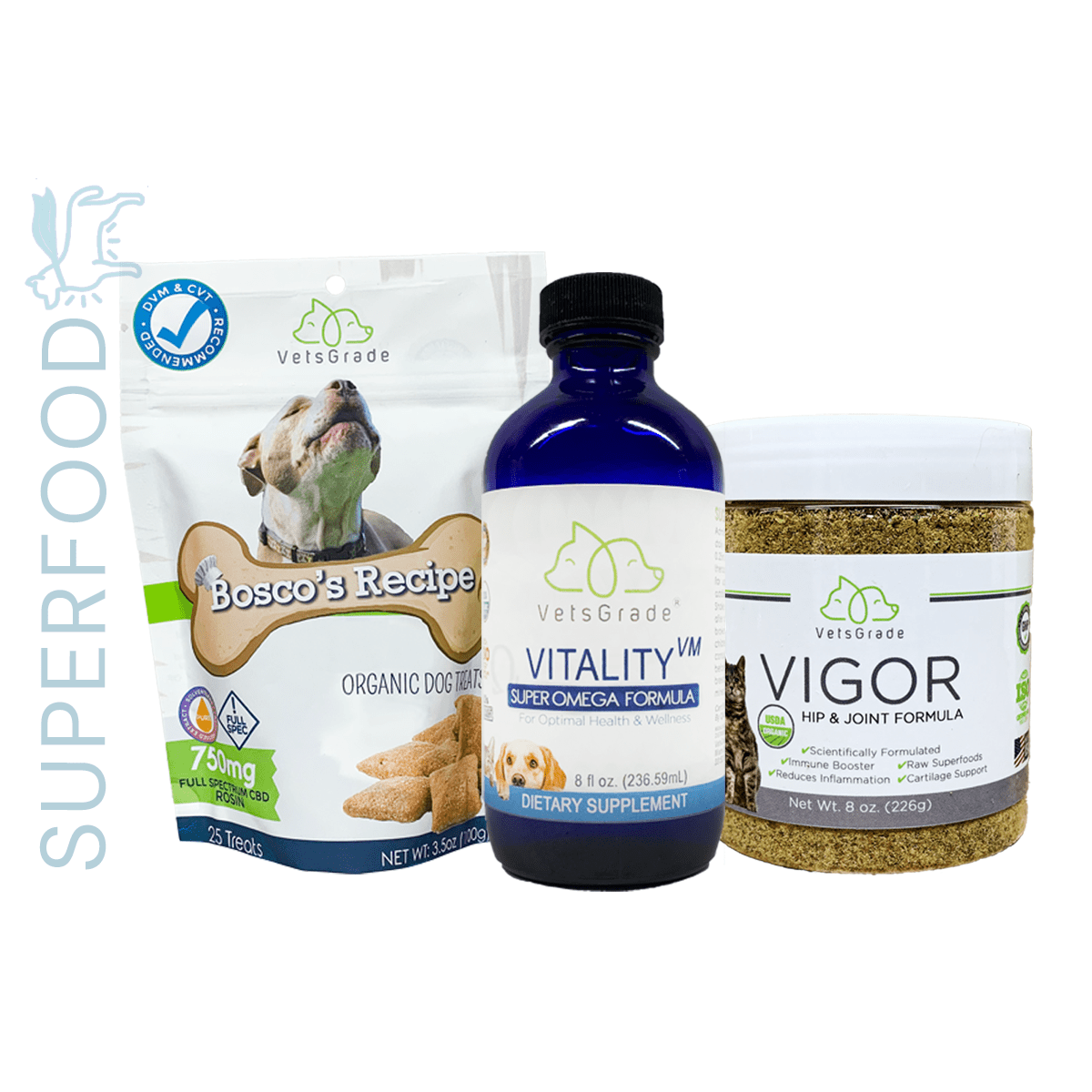 VetsGrade Superfood Pack – Vitality VM, CBD Dog Treats & Hip + Joint Support