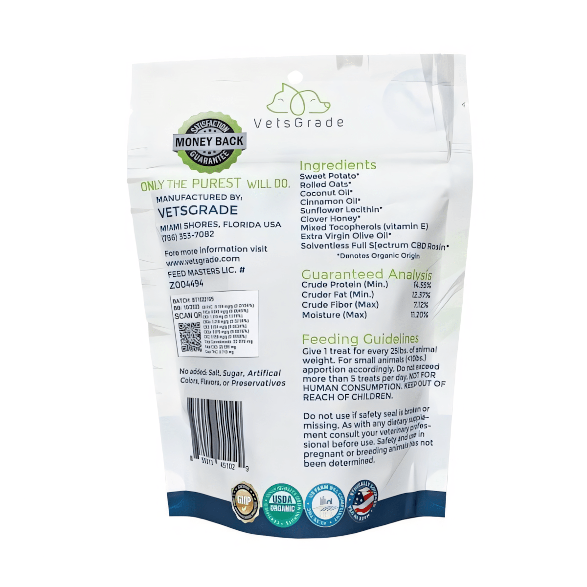 VetsGrade Bosco's Recipe Solventless full spectrum hemp dog treats backview – organic calming chews for dogs.