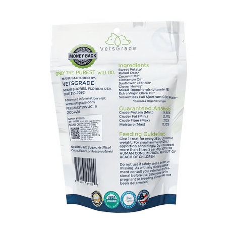 VetsGrade Bosco's Recipe Solventless full spectrum hemp dog treats backview – organic calming chews for dogs.