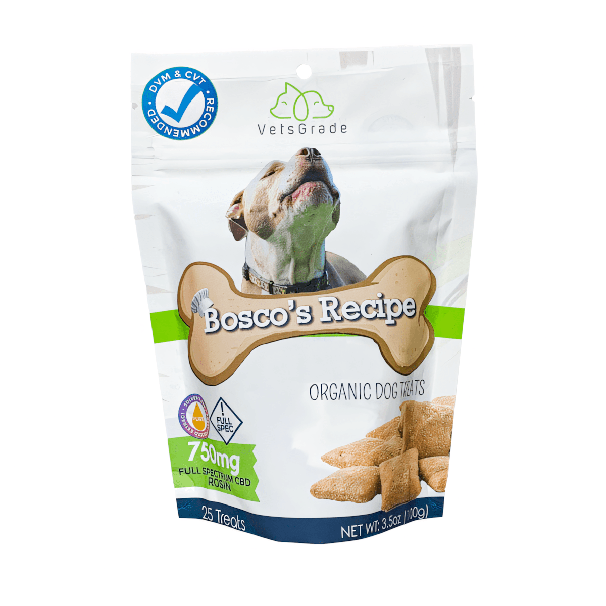 VetsGrade Bosco's Recipe Solventless full spectrum hemp dog treats front view – organic calming chews for dogs.