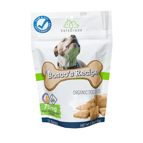 VetsGrade Bosco's Recipe Solventless full spectrum hemp dog treats front view – organic calming chews for dogs.
