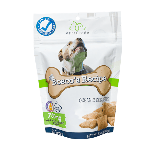 VetsGrade Bosco's Recipe Solventless full spectrum hemp dog treats front view – organic calming chews for dogs.