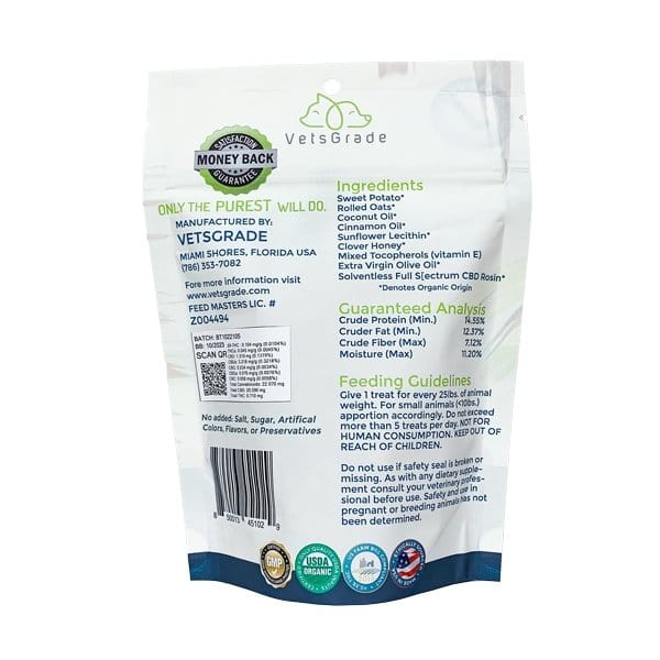 VetsGrade® | Bosco's Recipe Organic Dog Treats | Solventless CBD | Back