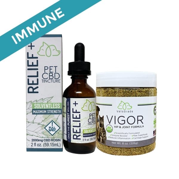 vetsgrade immune pack bundle with relief plus solventless hemp tincture and vigor hip and joint powder for daily immune support in dogs