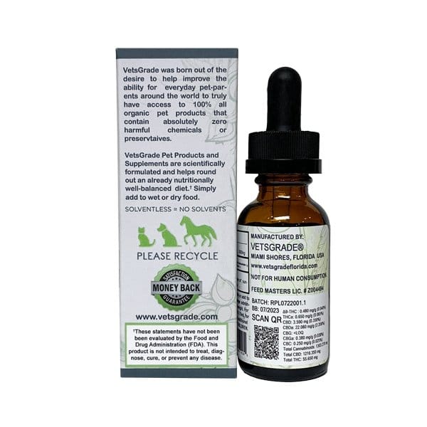 vetsgrade relief plus tincture back view showing dosage, manufacturer details, and mission statement on product box